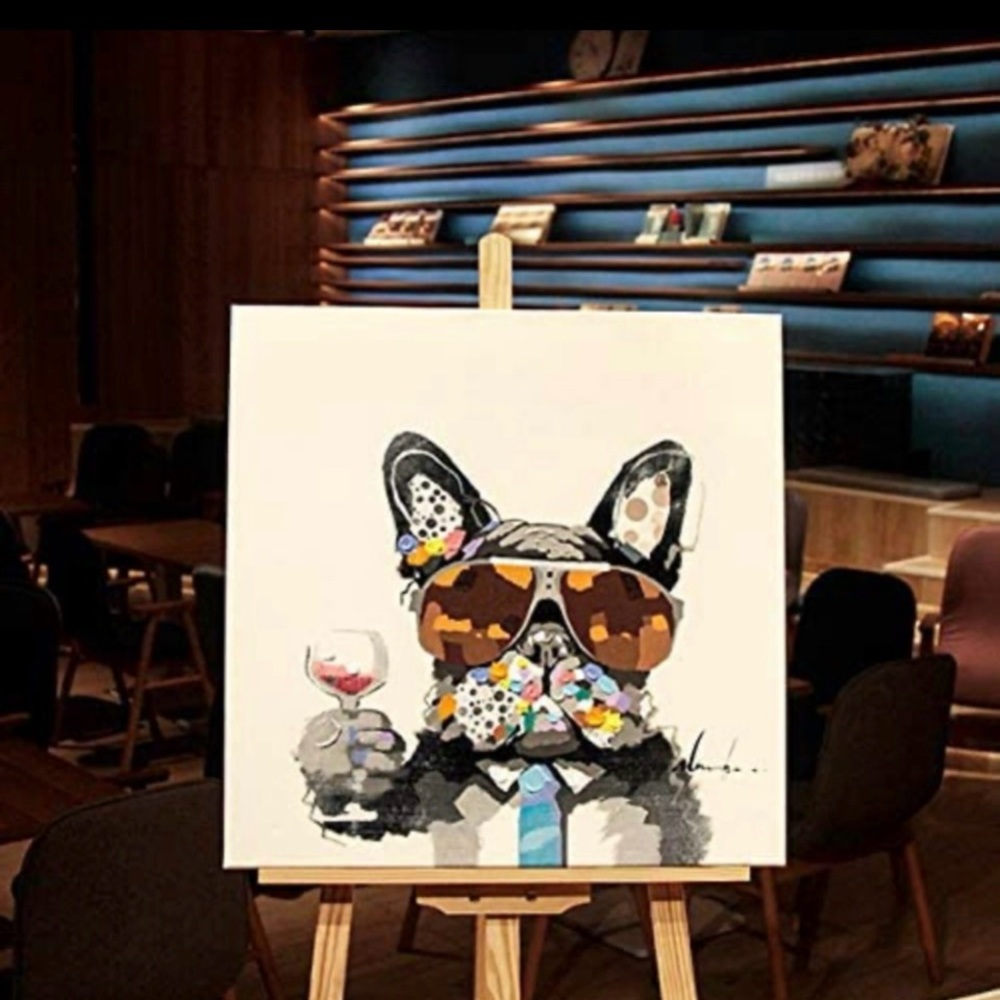 Wall art canvas cool bulldog holding🍷.Stylish Dog Art Print Black-Gray Accents